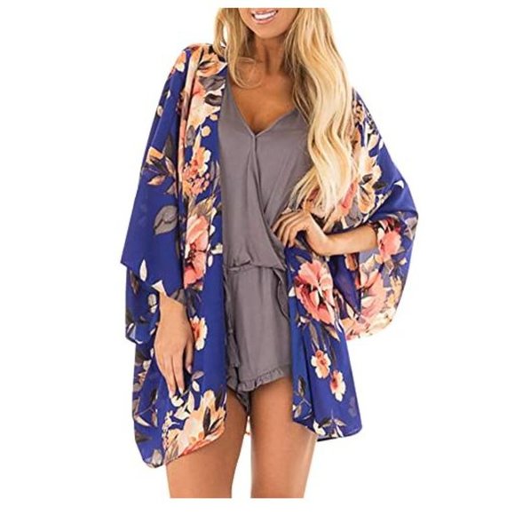 Women's Sheer Chiffon Kimono Floral Print Cover Up - Picture 2 of 6